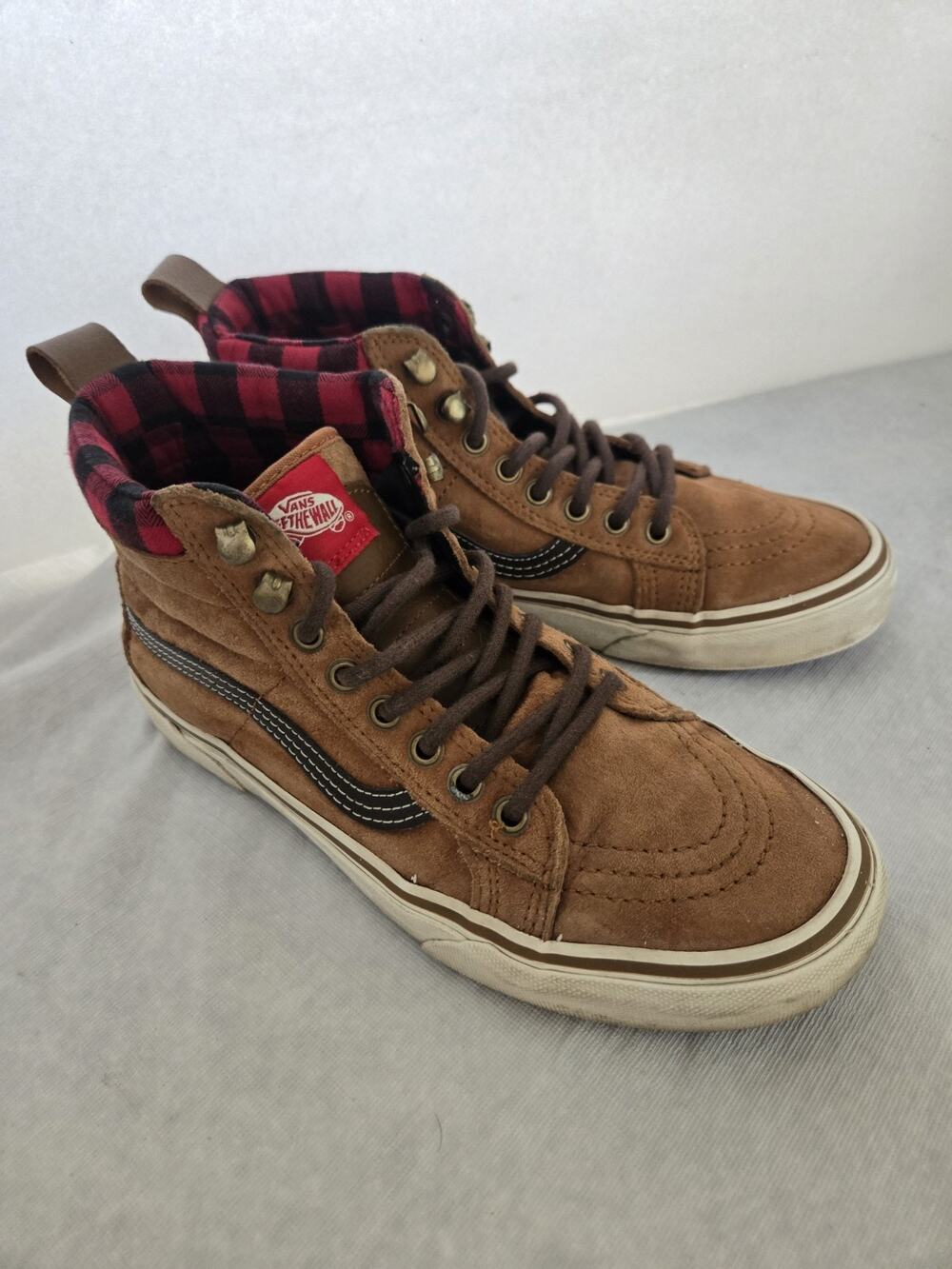 VANS Sk8-Hi MTE-1 Mens 6.5 Womens 8.0 Plaid Suede Leather Shoes Ginger Brown